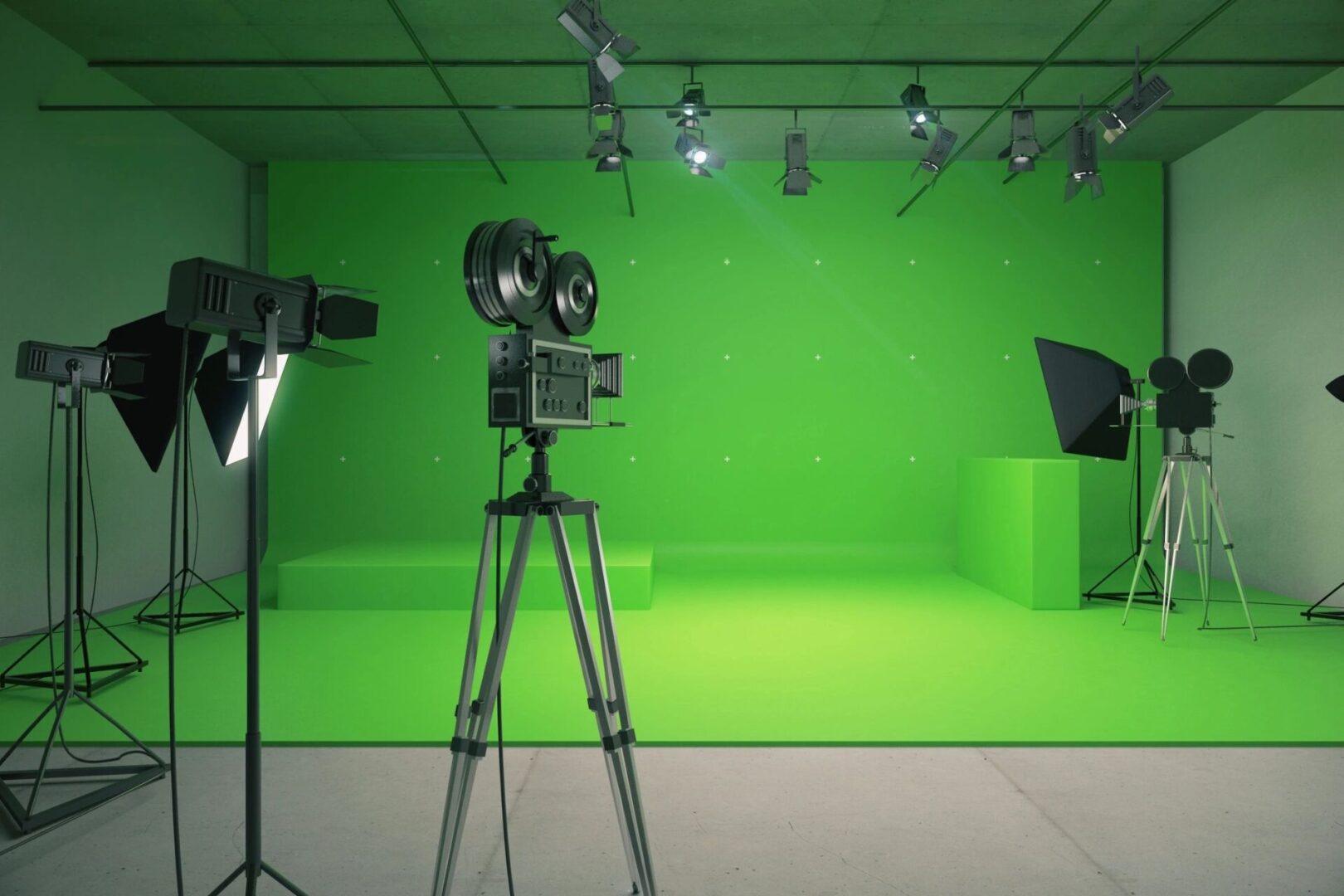 Film studio with green screen and lights.