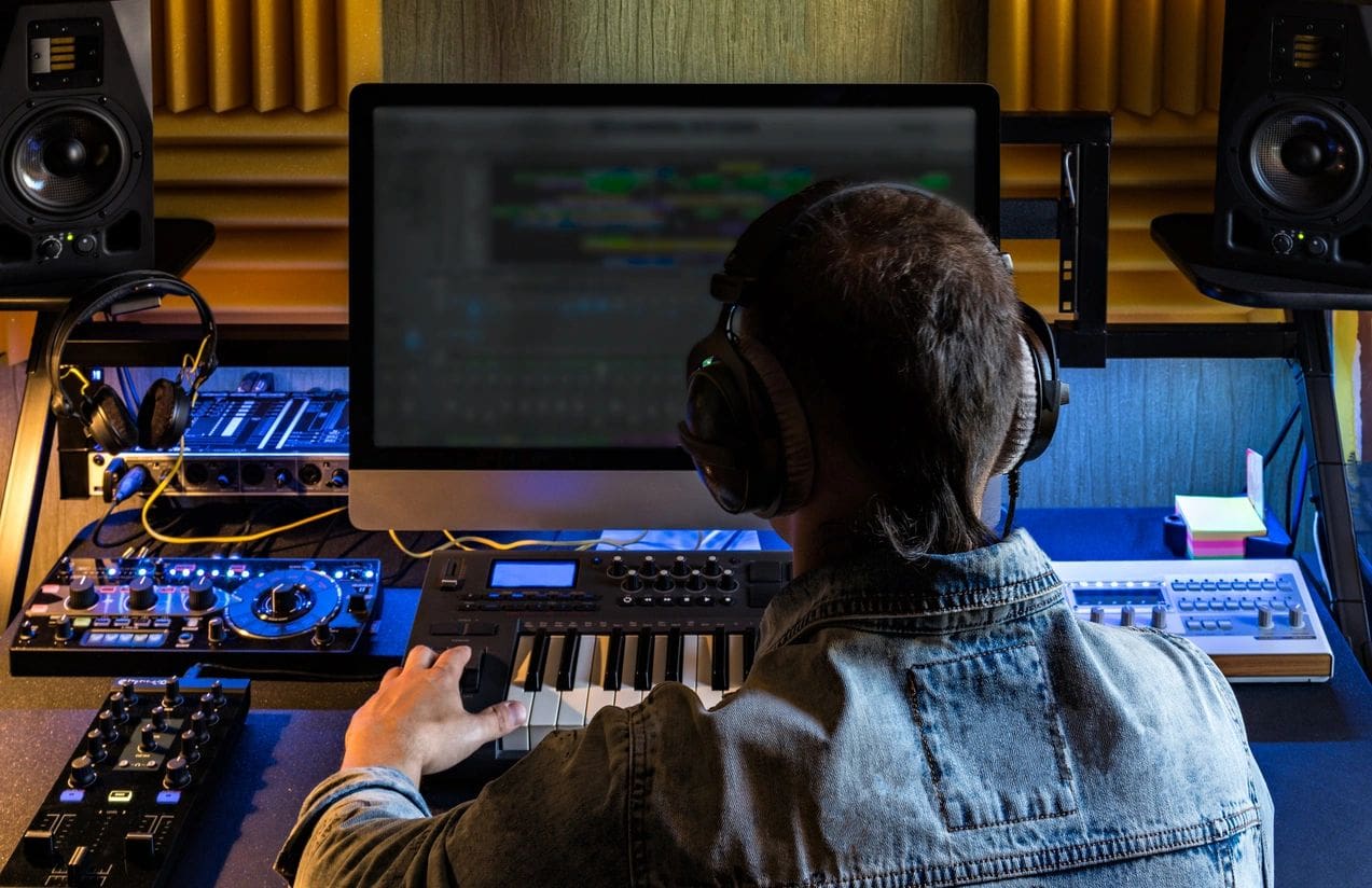 Music producer working in a recording studio.