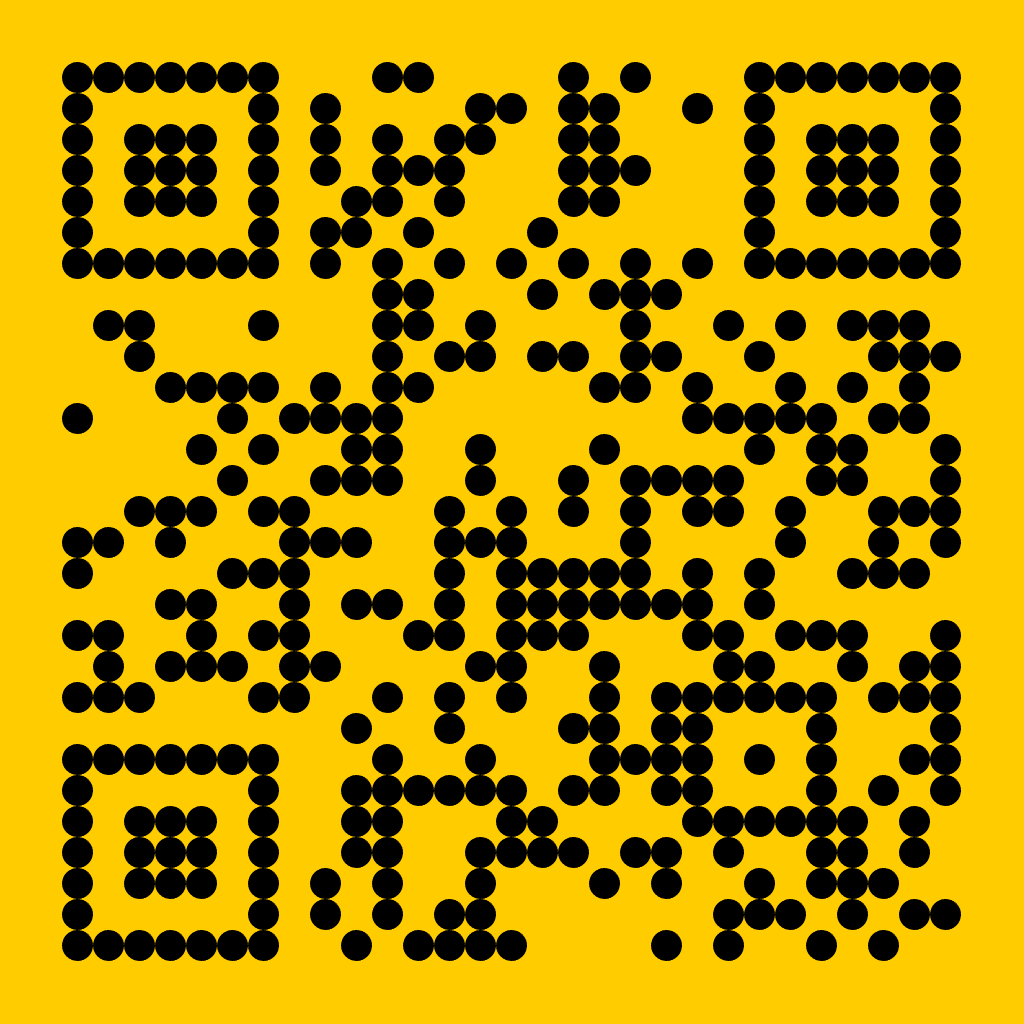 Black QR code on yellow background.